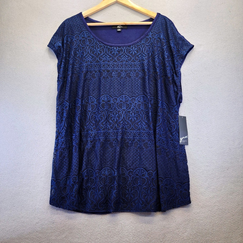 GNW Womens Plus 3X Navy Blue Lace Front Short Sleeve Blouse Top NWT Boho Dressy‎